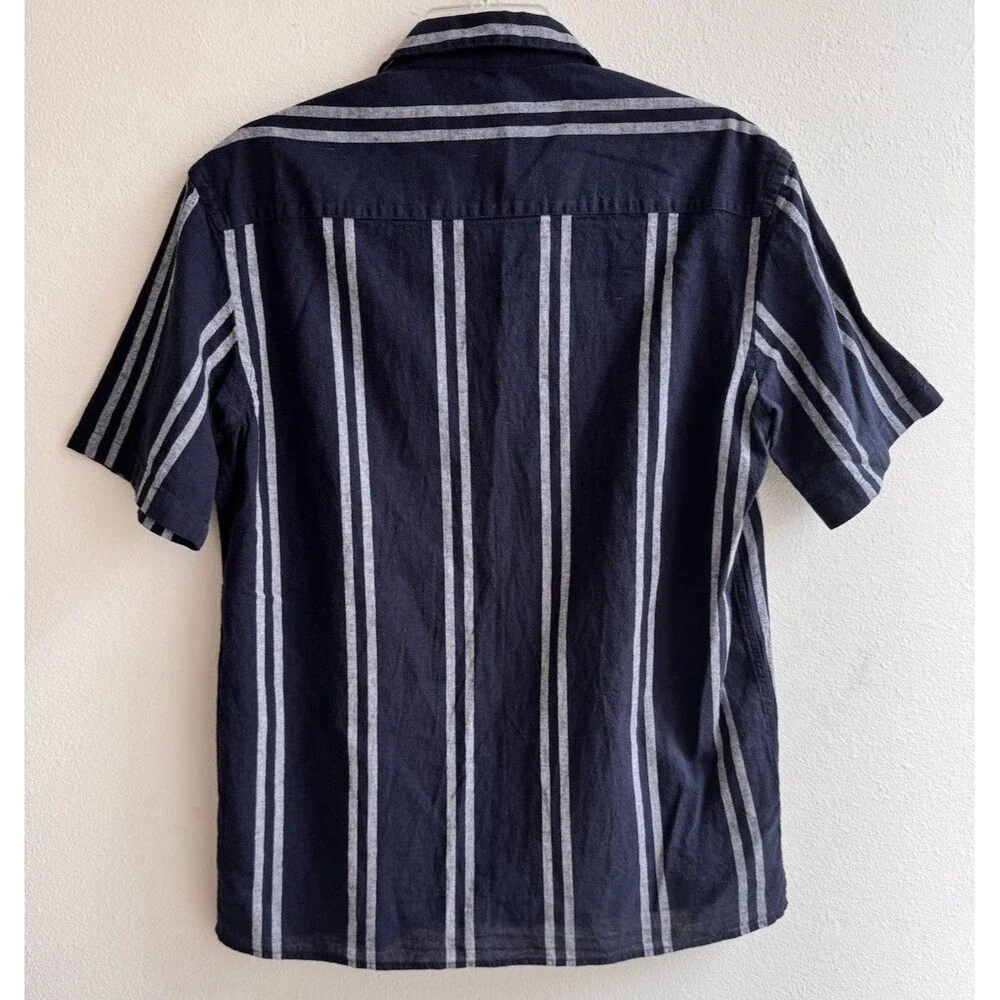 Zara Striped Linen Camp Collar Short Sleeve Shirt Men M Blue White Button Down - Picture 3 of 8